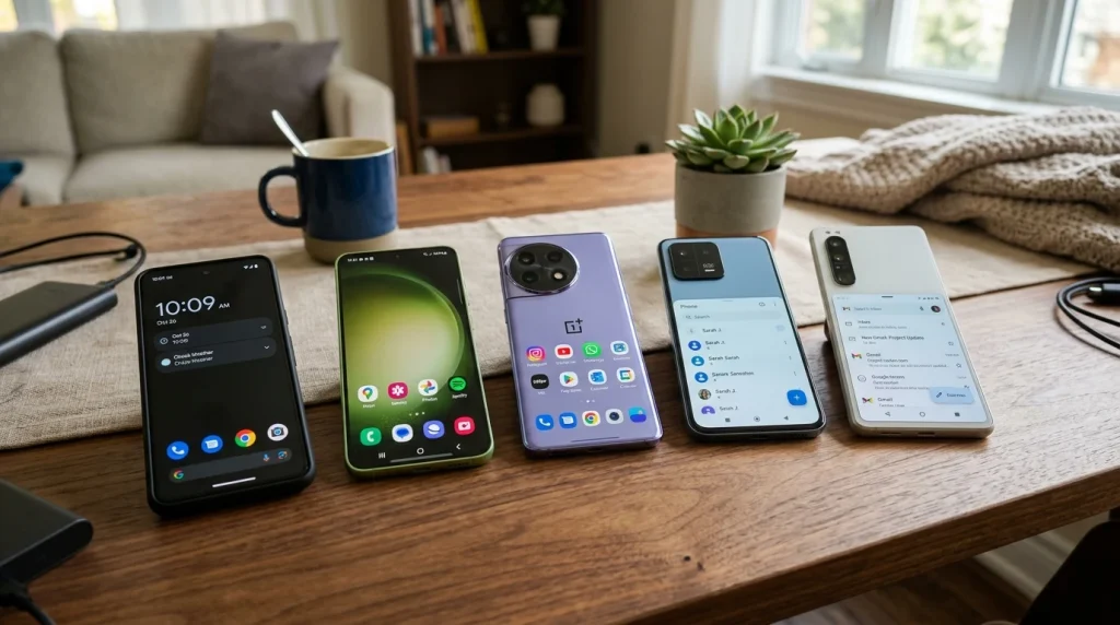 Mobilní telefony s Androidem: Velký průvodce a srovnání 107 Přehlídka moderních smartphonů s Androidem na stole